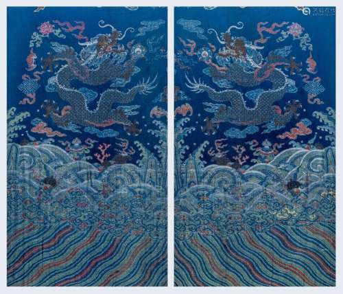 A PAIR OF FRAMED CHINESE EMBROIDERY DRAGON PANELS, QING DYNA...
