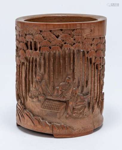 A CHINESE BAMBOO CARVED BRUSH-POT 16cm high