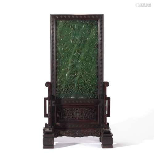 A CHINESE CARVED SPINACH GREEN JADE TABLE SCREEN