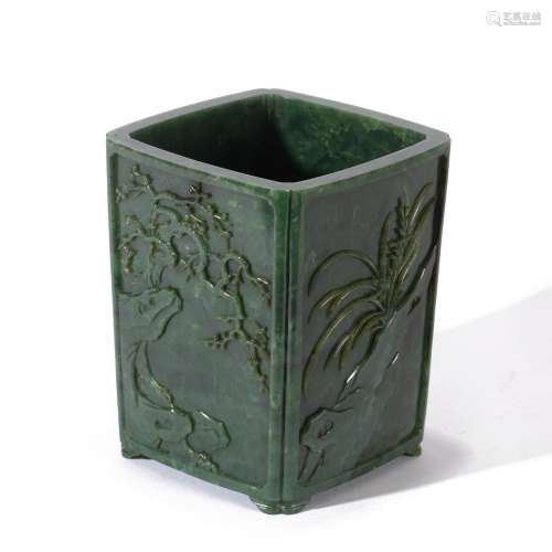 A CHINESE CARVED SPINACH GREEN JADE SQUARE BRUSH POT
