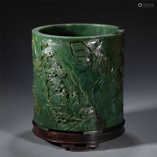 A CHINESE CARVED SPINACH GREEN JADE BRUSH POT