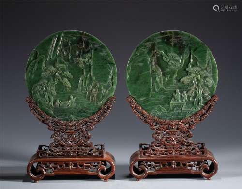 PAIR CARVED SPINACH GREEN JADE TABLE SCREENS