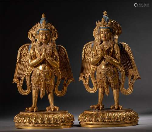 PAIR GILT BRONZE STANDING FIGURES OF BUDDHA