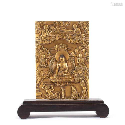 A CHINESE GILT BRONZE BUDDHA PANEL AND STAND