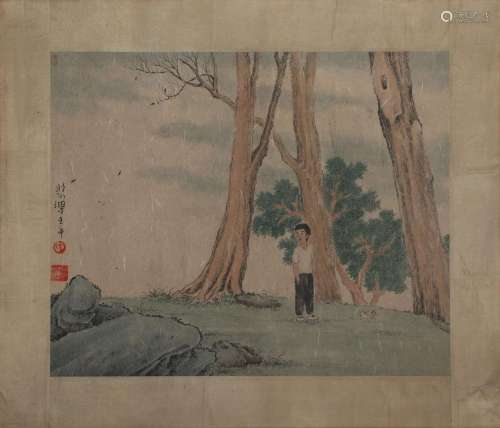 A CHINESE PAINTING OF BOY AND BIG TREES
