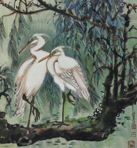 A CHINESE PAINTING OF EGRETS AND WILLOW TREES