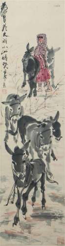 A CHINESE PAINTING OF FIGURE AND DONKEYS