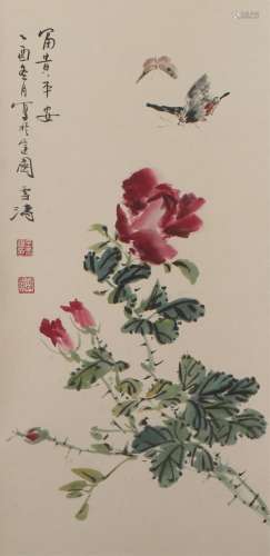 A CHINESE PAINTING OF FLOWERS AND BUTTERFLIES