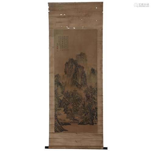 A CHINESE PAINTING OF LANDSCAPE AND FIGURES