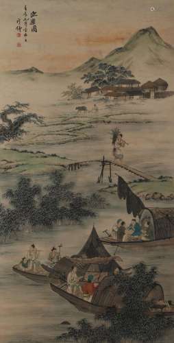 A CHINESE PAINTING OF FIGURES AND LANDSCAPE
