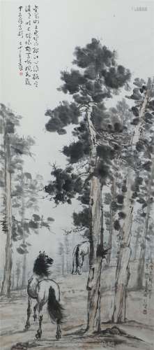 A CHINESE PAINTING OF HORSES AND TRESS