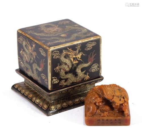 A CHINESE CARVED SOAPSTONE SEAL AND BOX
