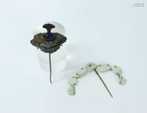 2 Chinese Qing Dynasty Metal & Jadeite Hair Pins