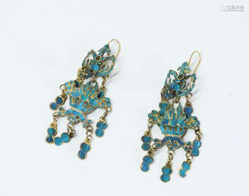 Pair Chinese Qing Gilt & Feather Phoenix Earrings