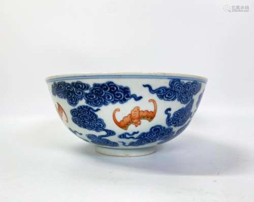 Chinese 5 Bats & Blue Clouds Porcelain Bowl