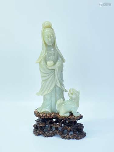 Chinese Qing Celadon Jade Guanyin & Horned Beast