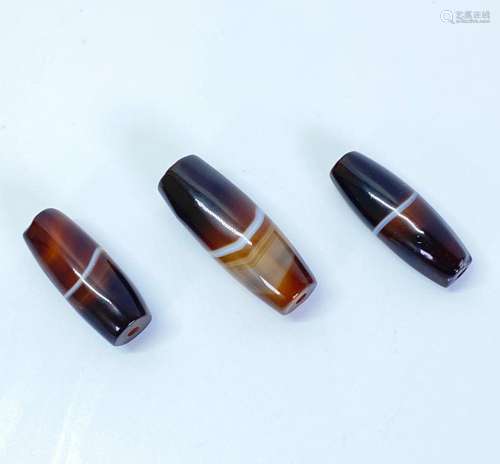 3 Tibetan Banded Agate "Dzi" Type Beads