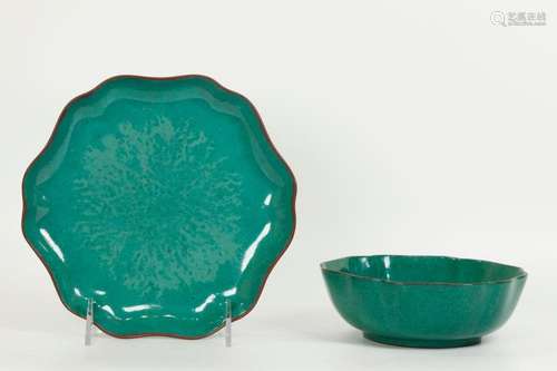 2 Chinese "Jadeite" Enameled Yixing, Plate & B...