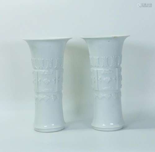 Pr Chinese 19 C Blanc de Chine Porcelain Gu Vases