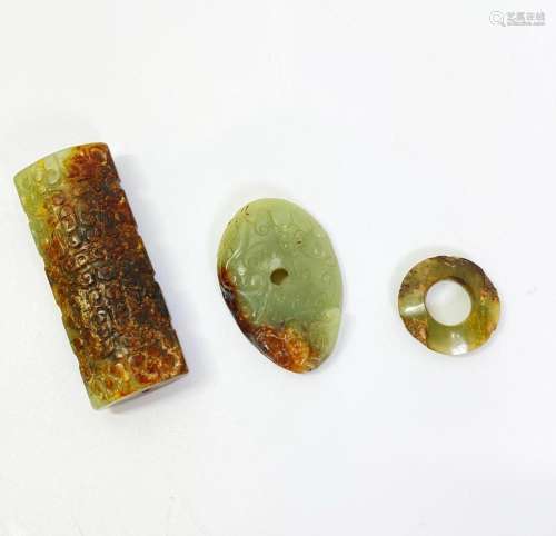 3 Chinese Celadon Russet Jade Archaistic Pendants