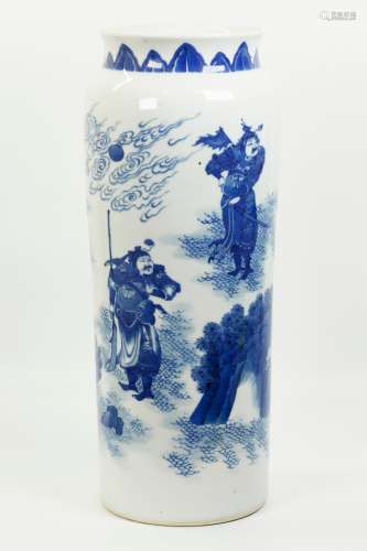 Lg Chinese Blue White Porcelain Vase w Soldiers
