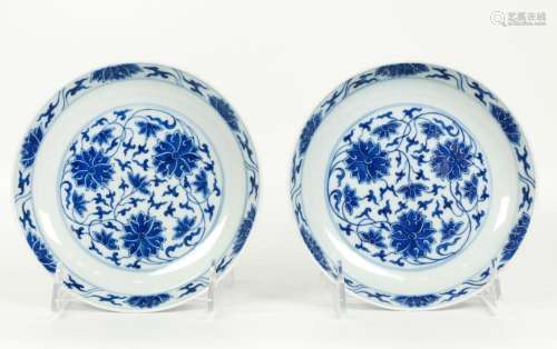 Pr Chinese Blue White Porcelain Lotus Plates