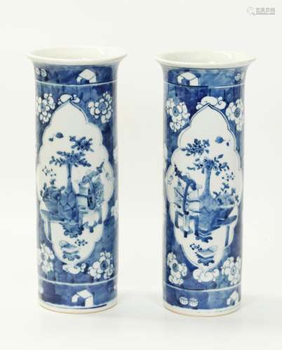 Pr Chinese Qing Blue White Porcelain Beaker Vases
