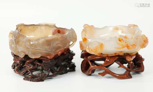 2 Chinese Qing Carved Agate Brush Washers & Stands