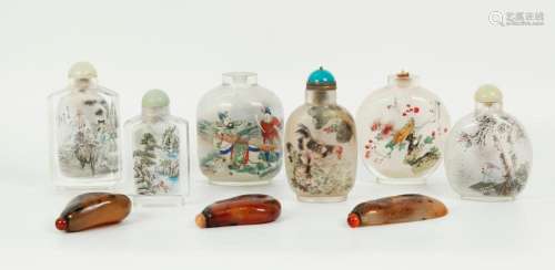 9 Chinese Snuff Bottles; 3 Agate, 6 Inside Painted