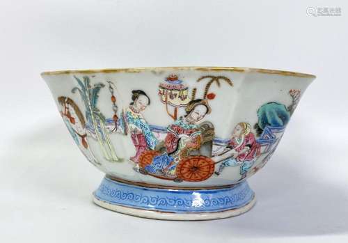 Chinese 19th C 3-Lobed Porcelain Mandarin Bowl