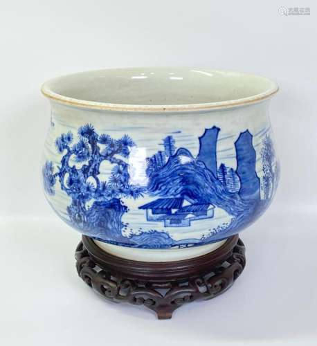 Chinese Blue & White Landscape Porcelain Censer