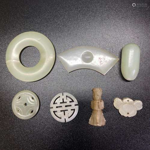 7 Chinese Qing White Jade Pendants or Jewels
