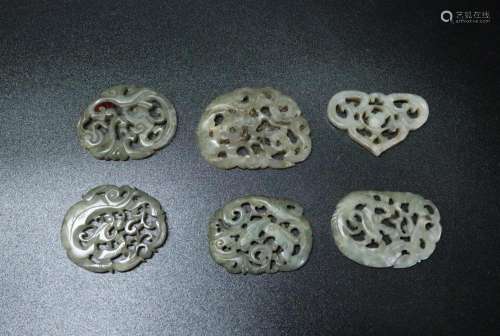 6 Chinese Ming Celadon Jade Chilong Belt Plaques