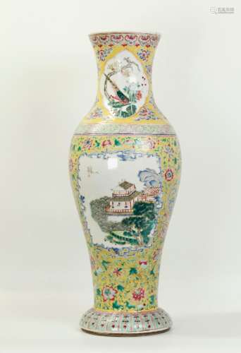 Chinese 19th C Famille Rose Yellow Porcelain Vase