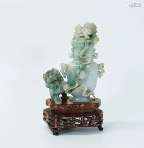 Chinese Green to White Jadeite Fu Lions & Vase