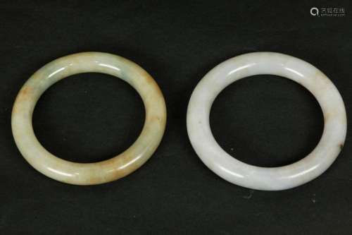 2 Chinese Qing Jade Bangles, White Yellow-Green