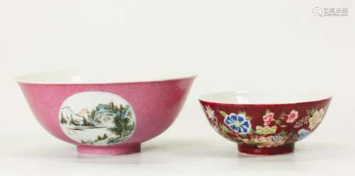 2 Chinese Ruby Ground Enamel Porcelain Bowls