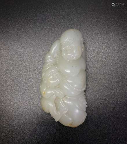 Chinese Carved White Jade Budai Buddha & Baby