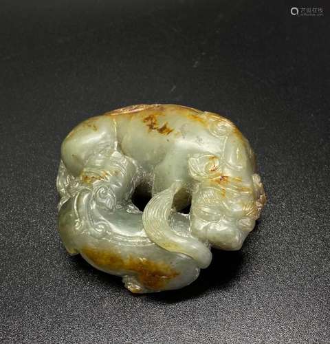 Chinese Celadon to Russet Jade Horned Beasts