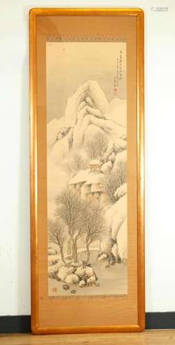 Japanese Ink Scroll Painting on Silk, Winter Scene