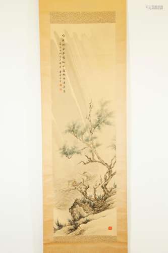 Chinese Ink & Color on Silk Scroll Rain Painting