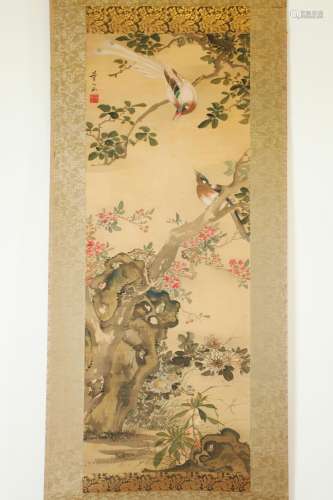 Japanese Ink & Color on Silk Painting of Birds