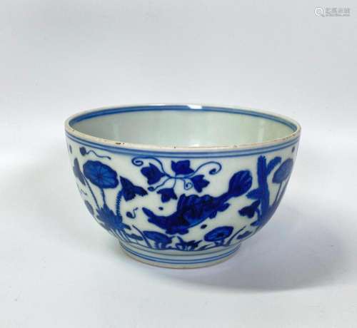 Chinese Blue & White Fish & Lotus Porcelain Bowl