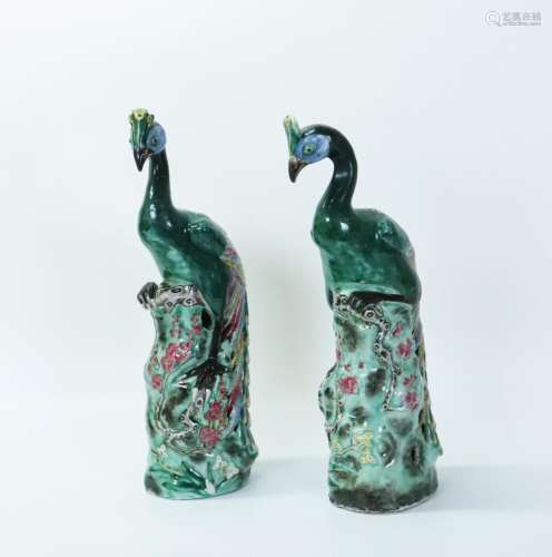 Opposing Pr Chinese Enameled Porcelain Peacocks