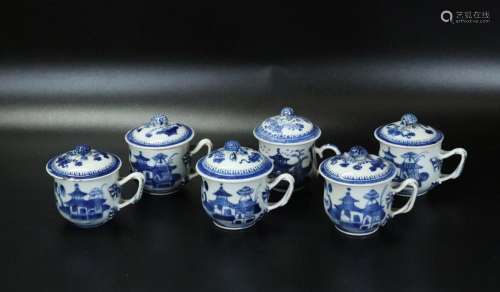 6 Chinese Blue & White Porcelain Creme Pots