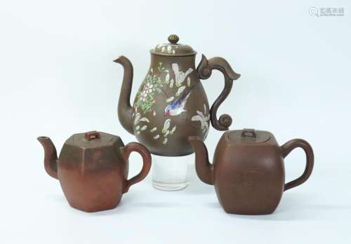 2 Chinese Yixing Teapots; Enameled Brown Ware Pot