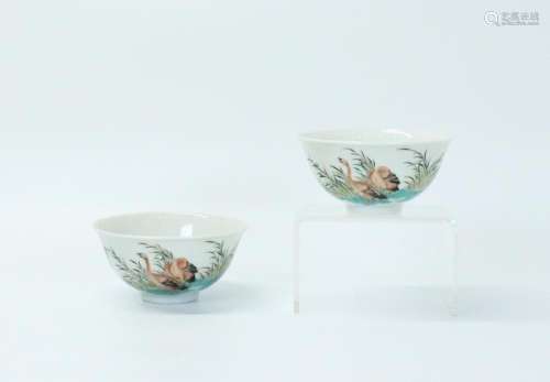 Pair Chinese Famille Rose Porcelain Geese Cups