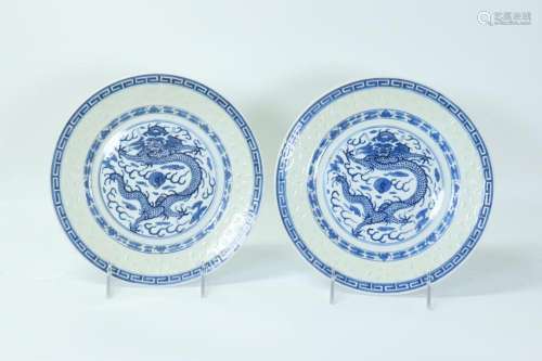 2 Chinese Blue White Rice Dragon Porcelain Plates