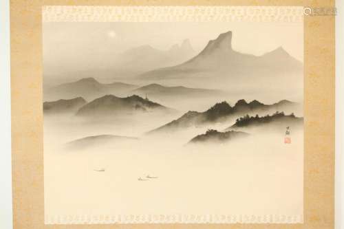 Large Japanese Ink Painting on Silk, Boats & Fog