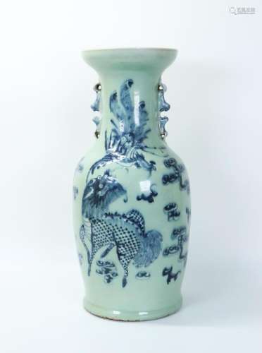 Chinese Blue & White Celadon Porcelain Qilin Vase